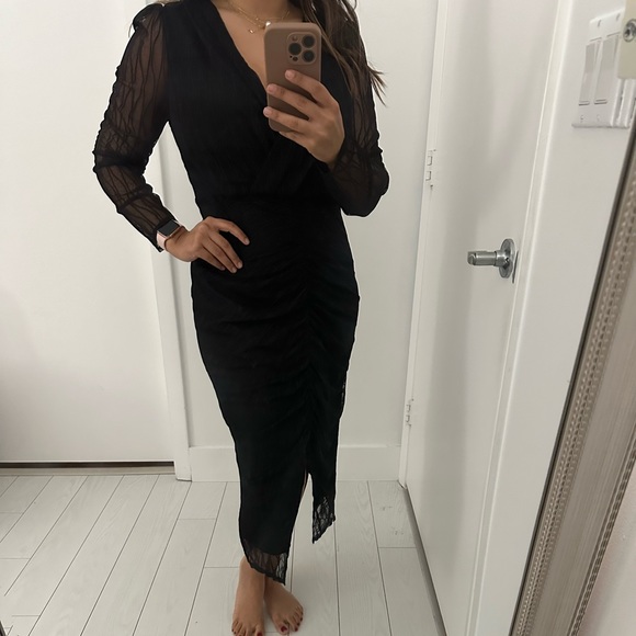 Black V Neck Sheer Sleeve Lace Dress - Picture 8 of 8